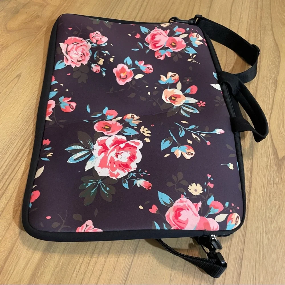 Floral laptop bag, laptop sleeve with handles and shoulder strap, women computer